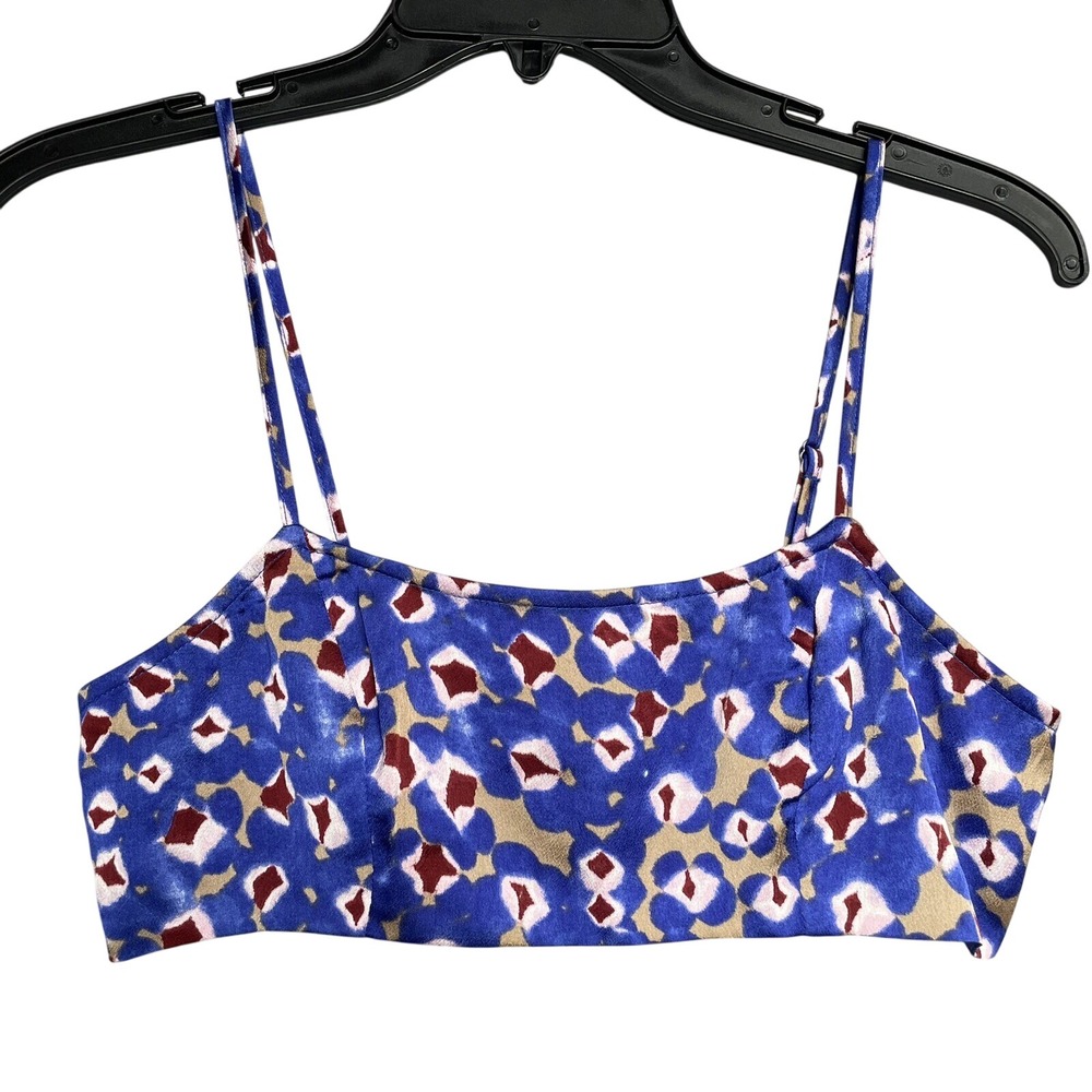 Floral Print Cami Top Blue Brown Crop Spaghetti Strap Smocked Back Summer XS New